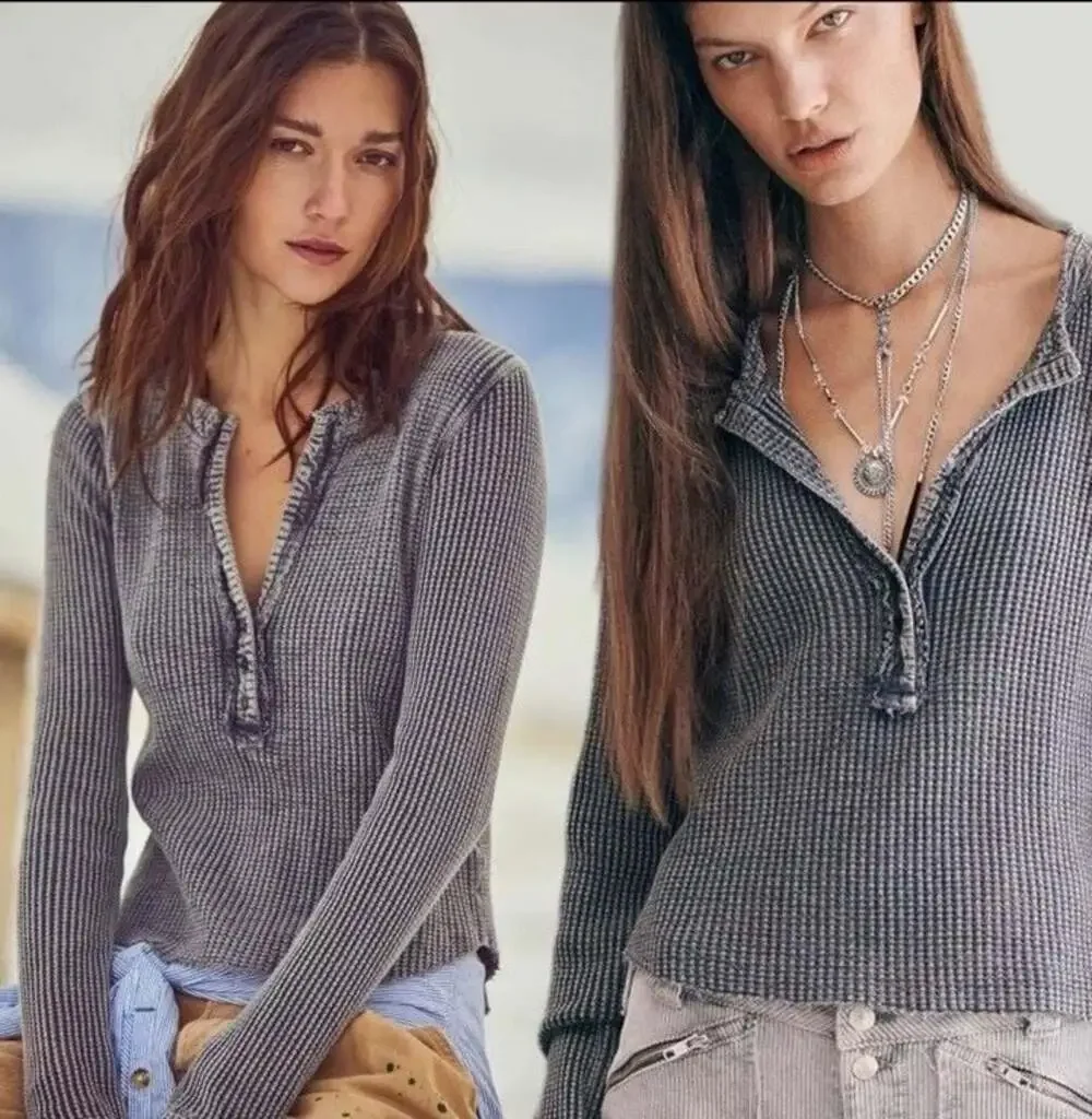 FP One Free People Colt Thermal Waffle Knit Henley Top Size Small